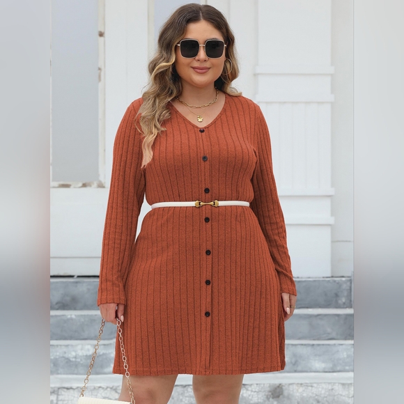 Plus Size Ribbed Buttoned V-Neck Long Sleeve Dress - Picture 1 of 4